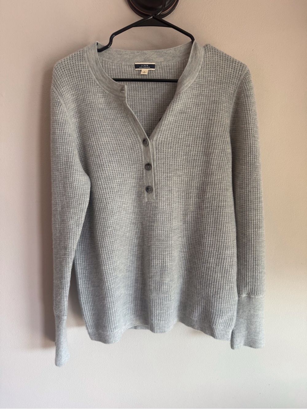 J.Crew Womens 100% Cashmere Waffle Knit Henley Sweater Gray Large